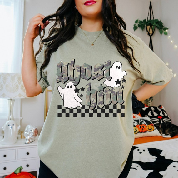 Ghost Him Halloween DTF transfer with camo lettering, cartoon ghosts, stars, and a checkered stripe