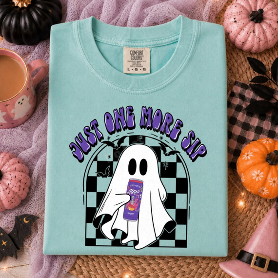 Just One More Sip Halloween DTF transfer with a cute ghost holding an energy drink can in front of a black and white checkered arch with bats