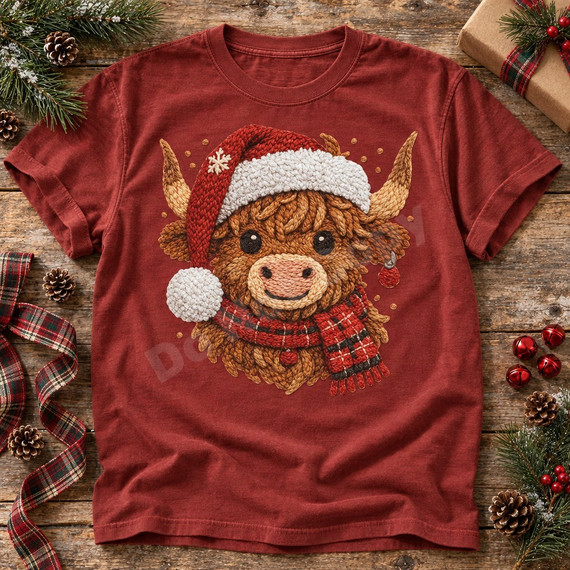Embroidery-style highland cow Christmas DTF transfer wearing a Santa hat, plaid scarf, and ornament earring Shown on a Brick t-shirt.