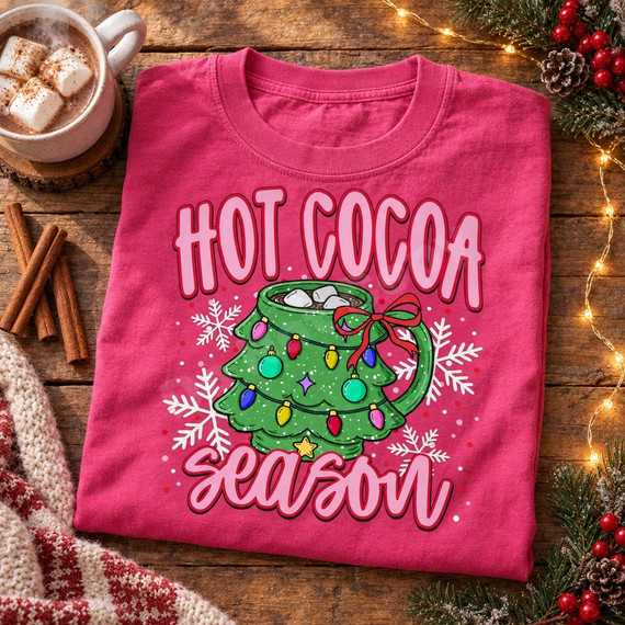 Hot Cocoa Season DTF transfer with a Christmas tree shaped mug filled with cocoa and marshmallows, string lights, ornaments, a red bow, and snowflakes Shown on a Crunchberry t-shirt.