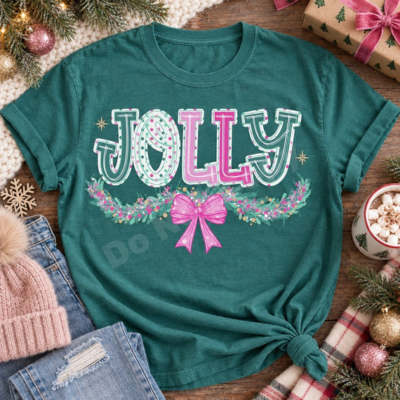 JOLLY DTF transfer in polka-dot bubble letters with pine garland, glitter berries, and a pink bow Shown on a Lagoon t-shirt.