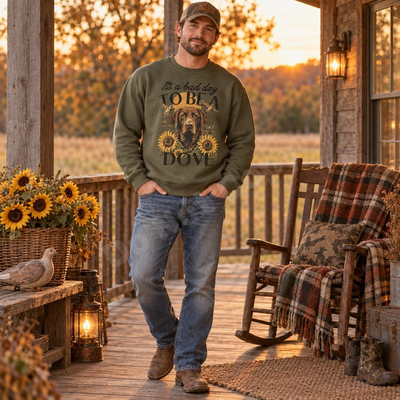 It's A Bad Day To Be A Dove DTF transfer with chocolate Labrador portrait, sunflowers, and flying mourning doves Shown on a Military Green crewneck sweatshirt.