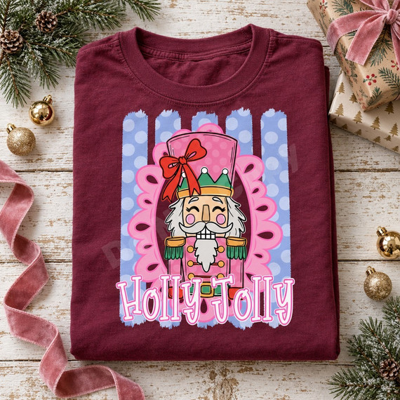 Holly Jolly nutcracker face DTF transfer with pink and gold design, red bow, green crown, and fluffy white beard in a pink scalloped medallion over a blue polka-dot striped background Shown on a Wine t-shirt.