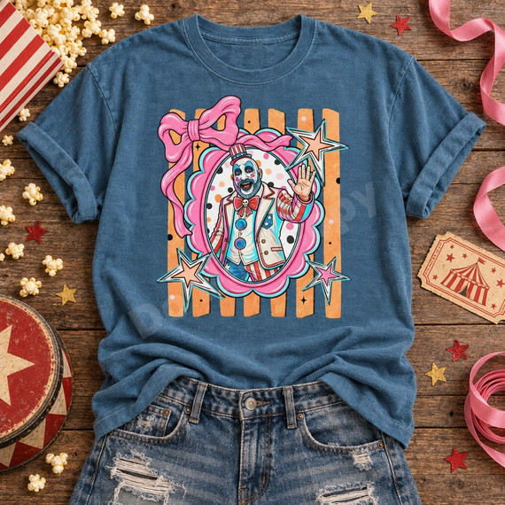 Cutesy horror DTF transfer featuring a vintage carnival captain character waving in a pink scalloped frame with bow and stars