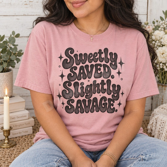 Sweetly Saved. Slightly Savage. retro bubble letter DTF transfer in black halftone texture with sparkly star accents on a pink shirt Shown on a Blossom t-shirt.