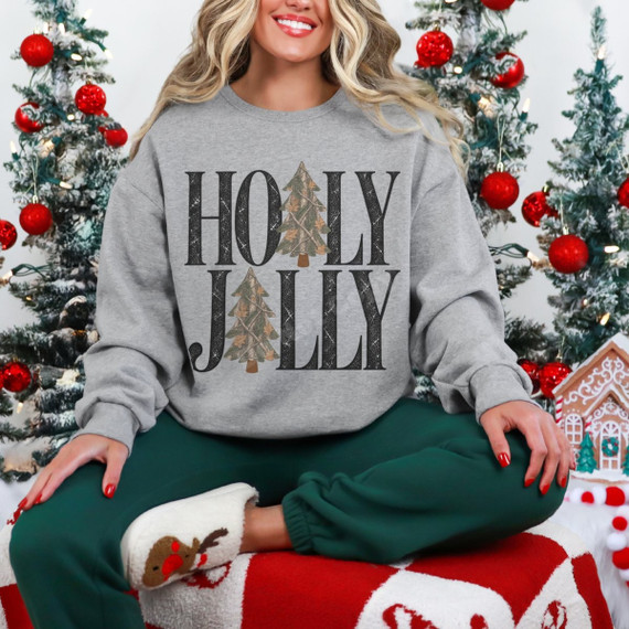 Holly Jolly Christmas DTF transfer with distressed lettering and camo Christmas trees replacing the letter I's