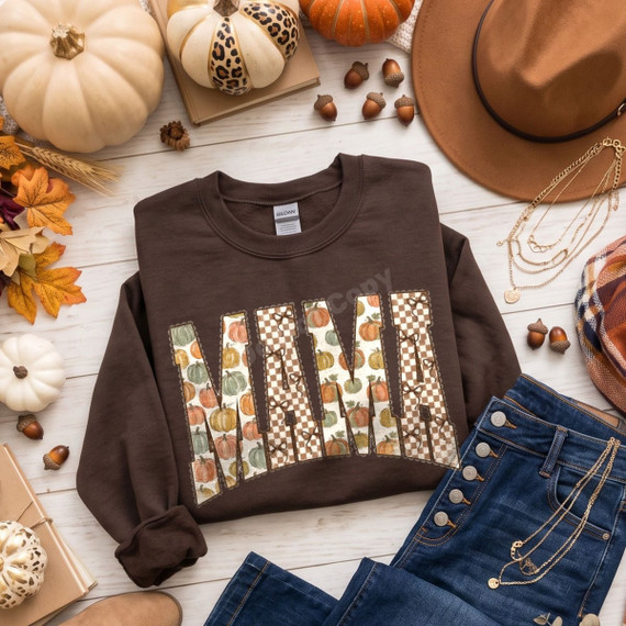 MAMA varsity letter DTF transfer with pumpkin print and brown checkered patterns and bow accents, fall-themed design