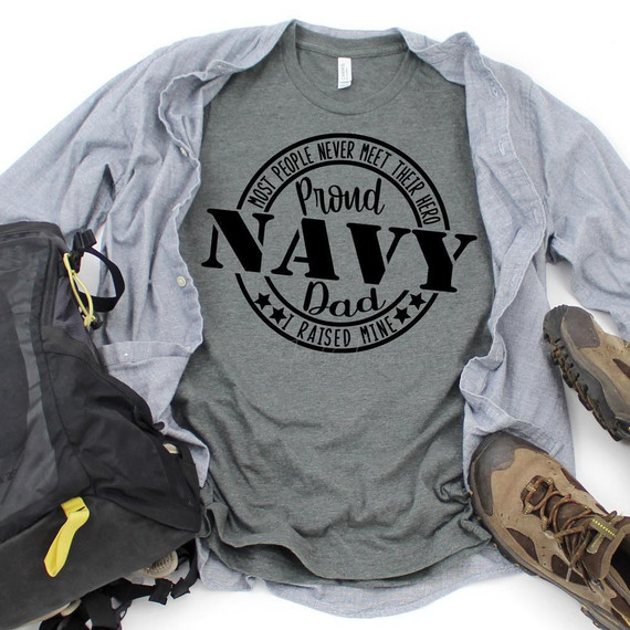 Proud Navy Dad Military Screen Print Heat Transfer, gray T-shirt with navy-themed design and text.