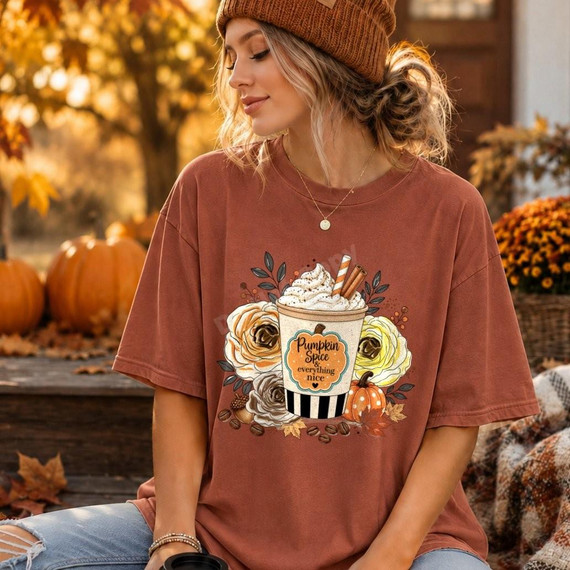 Pumpkin Spice & Everything Nice DTF Transfer | Fall Latte Floral Design, autumn shirt graphic featuring a pumpkin spice latte topped with whipped cream and cinnamon, surrounded by fall flowers, leaves, coffee beans, and pumpkins