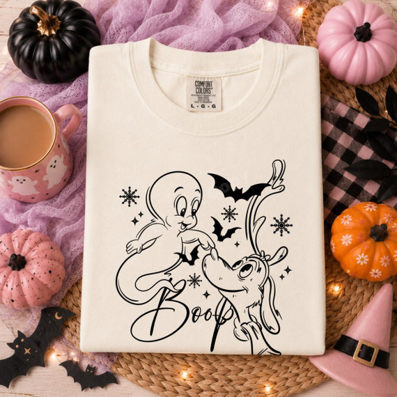 Casper-style ghost and floppy-eared dog nose-booping with Boop script and bats, hand-drawn outline Halloween DTF transfer on cream shirt