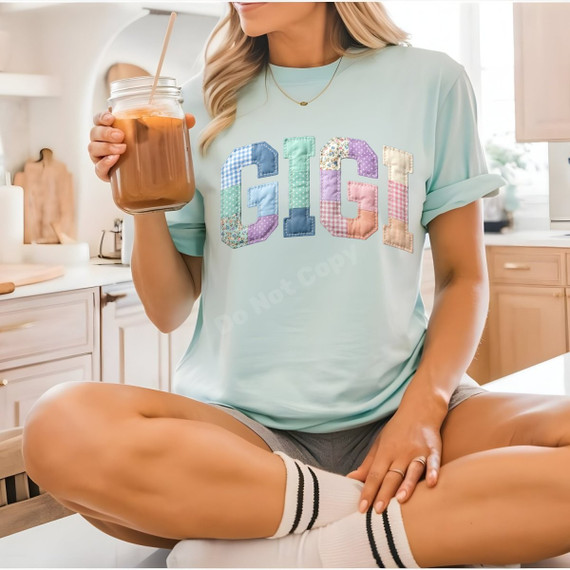 GIGI faux patchwork varsity letters DTF transfer in pastel gingham, floral, and polka dot patterns