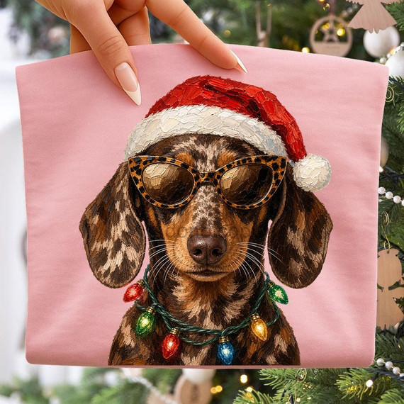Christmas Dachshund DTF Transfer | Funny Festive Dog in Santa Hat & Sunglasses, close-up of a brown dachshund wearing a Santa hat, leopard-print sunglasses, and colorful Christmas lights on a pink fabric transfer