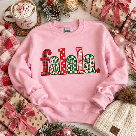 Falala Christmas DTF transfer with faux-embroidered plaid, polka dot, checker, and Santa print lettering