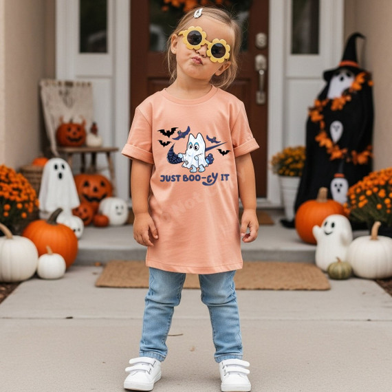 Just Boo-ey It Halloween DTF transfer with cute ghost character, bat graphics, and bold lettering on a kids' shirt