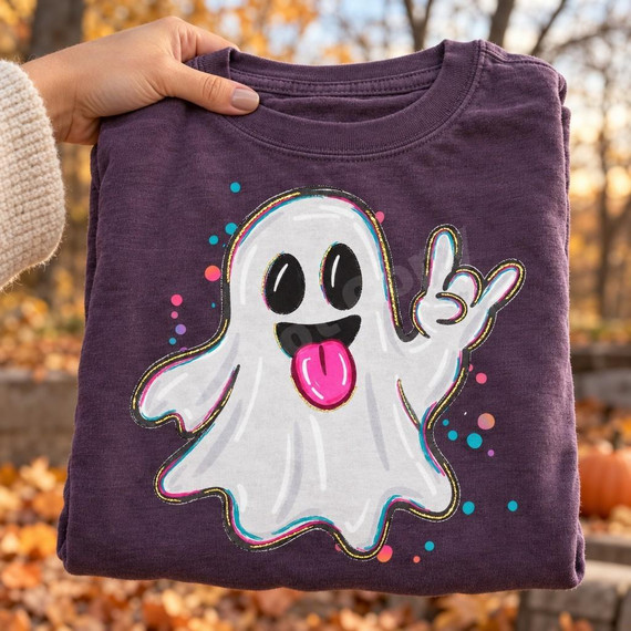 Rock On Ghost DTF Transfer | Retro Colorful Halloween Design, playful white ghost making a rock-on hand gesture with a pink tongue and colorful retro accents printed on a folded purple T-shirt