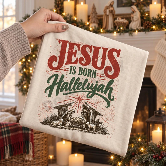 Jesus Is Born Hallelujah DTF Transfer | Vintage Nativity Christmas Design, vintage red and green “Jesus Is Born Hallelujah” lettering above a nativity scene on a cream fabric, displayed in a cozy Christmas setting.