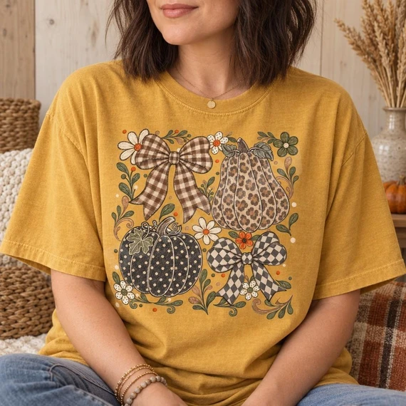 Farmhouse Fall Pumpkin & Bow DTF Transfer | Leopard & Gingham Autumn Design, autumn pumpkin and bow graphic featuring leopard-print and gingham patterns, flowers, and leaves displayed on a mustard yellow T-shirt