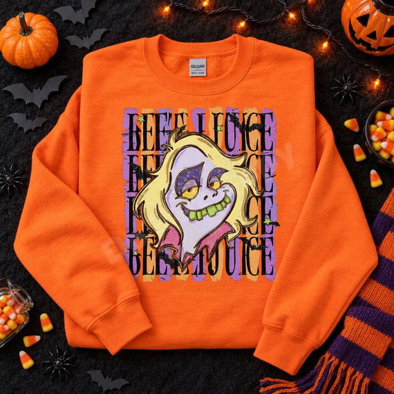 Beetlejuice face DTF transfer with lavender skin, yellow hair, and green jagged teeth on a purple and orange striped background with bats and stars Shown on a Safety Orange crewneck sweatshirt.