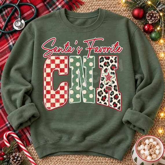 Santa's Favorite CNA Christmas DTF transfer with red checkered, green polka dot, and leopard print block letters and a striped star accent Shown on a Military Green crewneck sweatshirt.