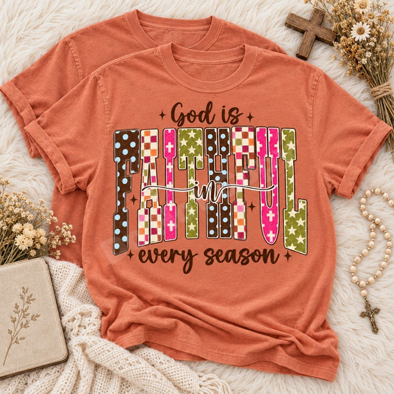 God Is Faithful In Every Season DTF transfer with patterned block letters in brown, pink, cream and olive boho faith design Shown on a Terracotta t-shirt.