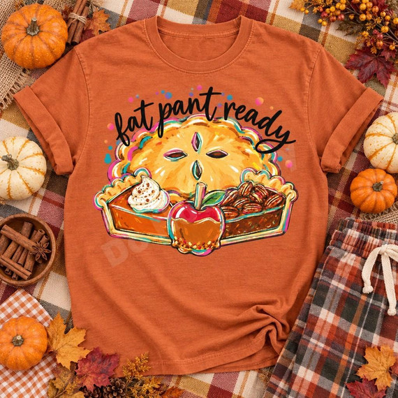 Fat Pant Ready DTF Transfer | Funny Fall Pie Thanksgiving Design, colorful funny pie illustration with “fat pant ready” lettering displayed on an orange T-shirt surrounded by autumn pumpkins, leaves, and plaid fabric.