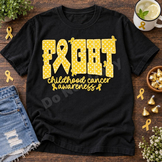 Fight Childhood Cancer Awareness DTF Transfer | Gold Ribbon Polka-Dot Design, gold polka-dot “FIGHT” lettering and childhood cancer awareness message with gold ribbons displayed on a black T-shirt