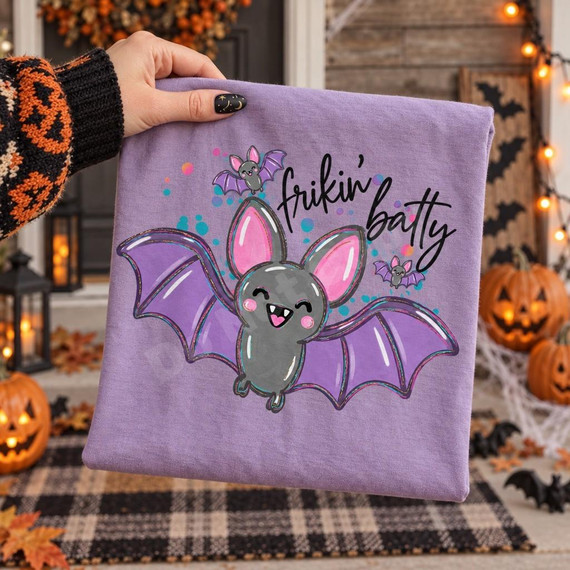 Frikin' Batty Cute Bat DTF Transfer | Halloween Design, colorful design of a smiling gray bat with pink ears and purple wings and “frikin’ batty” lettering displayed on a lavender shirt in a festive Halloween setting.