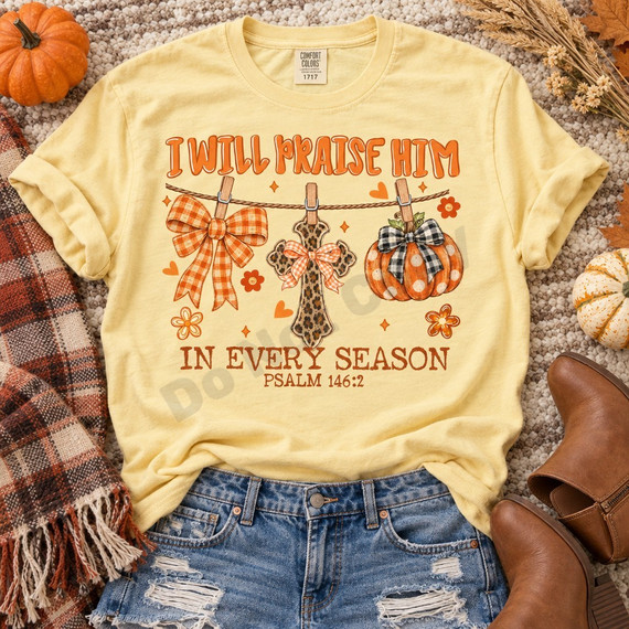 I Will Praise Him In Every Season Psalm 146:2 DTF transfer with a clothesline of a gingham bow, leopard-print cross, and polka-dot pumpkin with buffalo plaid bow in a fall color palette Shown on a Butter t-shirt.