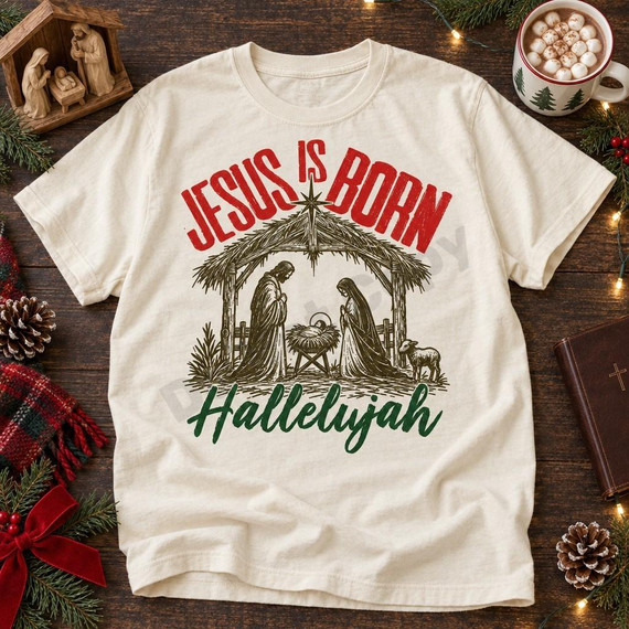 Jesus Is Born Hallelujah DTF Transfer | Vintage Nativity Christmas Design, vintage-style nativity scene with red “Jesus Is Born” and green “Hallelujah” lettering displayed on a cream T-shirt