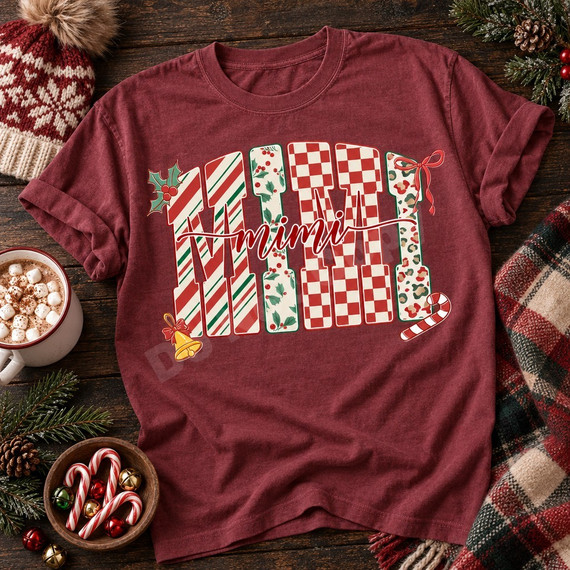 MIMI Christmas DTF transfer in block letters with candy cane stripes, holly berry, red checker, and leopard print patterns, accented with holly leaves, a jingle bell, and a candy cane, with mimi in red cursive script layered across the center Shown on a Wine t-shirt.
