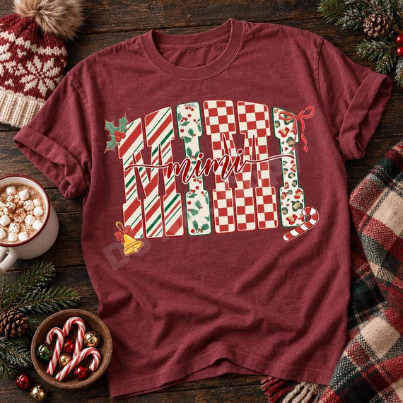 Mimi Christmas DTF Transfer | Festive Block Letter Monogram Design, festive red and green patterned block letters spelling “Mimi” with holly, a bow, bell, and candy cane displayed on a burgundy T-shirt