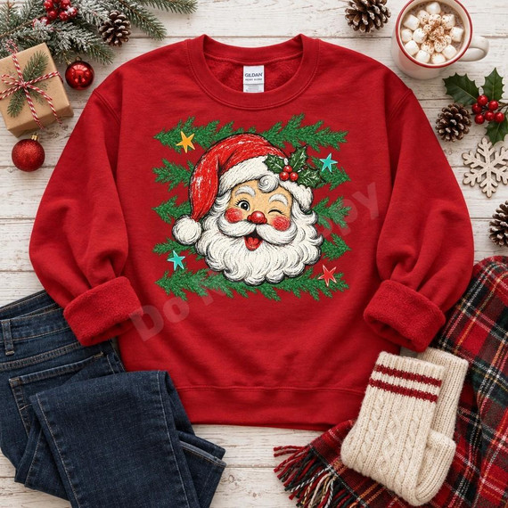 Winking Santa DTF Transfer | Vintage Christmas Pine & Stars Design, vintage-style winking Santa with a red hat and white beard surrounded by evergreen pine branches and colorful stars, displayed on a red sweatshirt