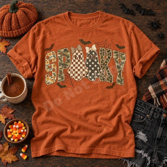 Spooky Patchwork Ghosts DTF Transfer | Hand-Painted Halloween Lettering Design, Halloween shirt design featuring patchwork “Spooky” lettering with two bow-wearing ghosts, bats, and spiderwebs on an orange T-shirt