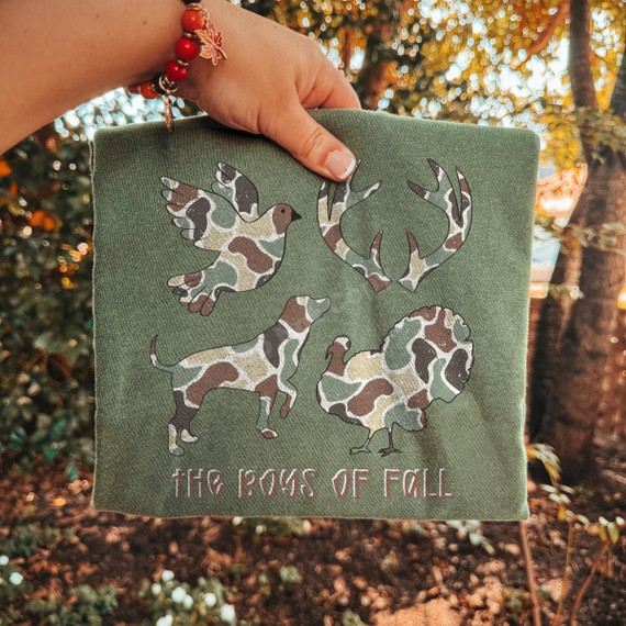 The Boys of Fall DTF transfer with camo-print dove, antlers, hunting dog, and turkey silhouettes