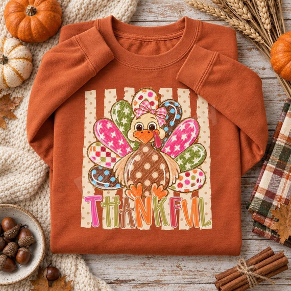 Thankful Turkey DTF Transfer | Whimsical Patchwork Thanksgiving Design, colorful cartoon turkey with patterned patchwork feathers and “THANKFUL” lettering displayed on a rust-orange sweatshirt among pumpkins and autumn decorations.