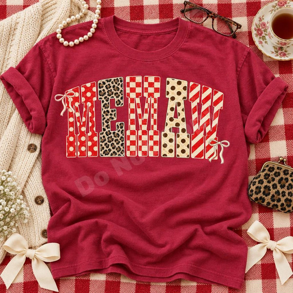 MEMAW Varsity Patchwork DTF Transfer | Boutique Grandma Gift Design, bold varsity-style “MEMAW” lettering in red, cream, and leopard-print patchwork displayed on a burgundy T-shirt