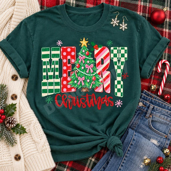 Merry Christmas Tree DTF Transfer | Patterned Block Letter Holiday Design, colorful Christmas tree and patterned block letters spelling Merry Christmas displayed on a dark green T-shirt