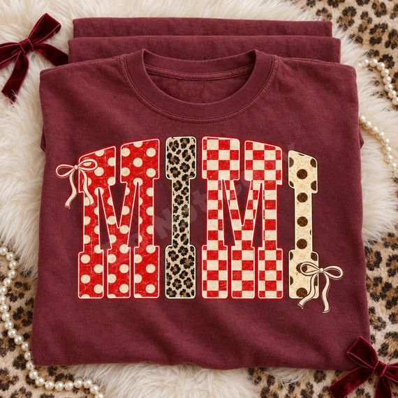 MIMI Bubble Letter DTF Transfer | Boutique Pattern Grandma Design, colorful bubble-letter MIMI design with polka dot, leopard print, and red checkerboard patterns displayed on a burgundy shirt