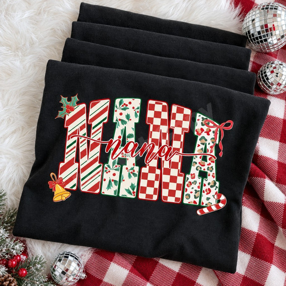 NANA Christmas DTF transfer with candy cane stripe, holly, checkerboard, and leopard print letters, holly leaves, a red bow, gold jingle bell, candy cane, and red script 'nana' overlay Shown on a Black t-shirt.