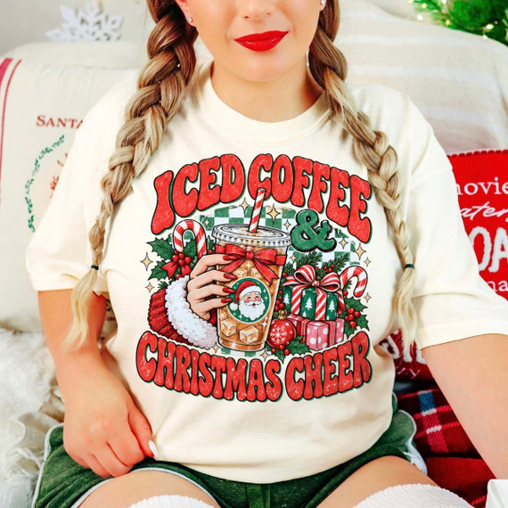 Iced Coffee and Christmas Cheer DTF transfer with retro lettering, iced coffee cup, Santa, holly, candy canes, and presents on green checkered background