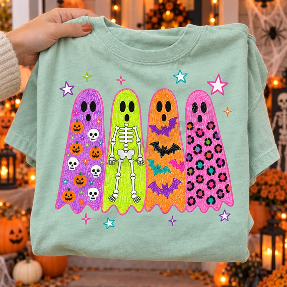 Halloween DTF transfer featuring four marker-textured ghosts in purple, lime green, orange, and pink with pumpkin, skull, skeleton, bat, and leopard print patterns surrounded by colorful stars Shown on a Chalky Mint t-shirt.