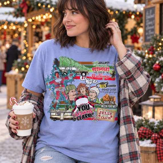 Funny Christmas Vacation movie collage DTF transfer with station wagon, family portrait, Cousin Eddie's RV, chainsaw, and holiday movie quotes Shown on a Hydrangea t-shirt.