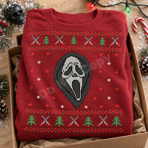 Ghostface horror mask DTF transfer in a knit-look design with ugly-sweater border of hearts, Christmas trees, and crossed bloody knives Shown on a Heather Scarlet Red crewneck sweatshirt.