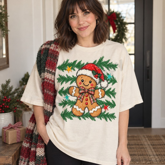Gingerbread man DTF transfer wearing a sparkly Santa hat and plaid bow, surrounded by pine greenery and colorful stars Shown on a Ivory t-shirt.