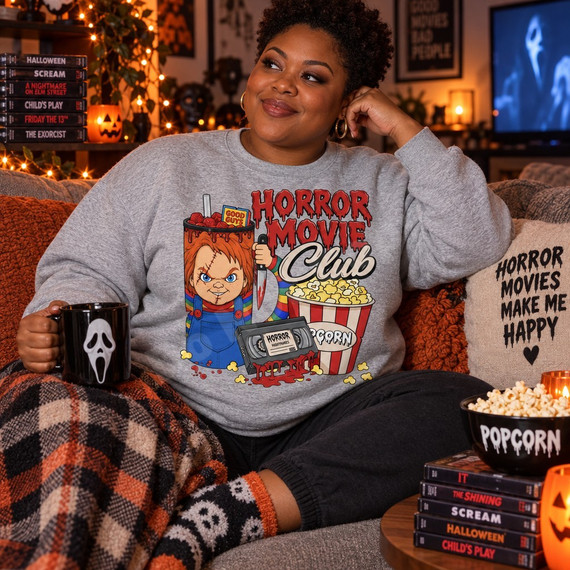 Horror Movie Club DTF transfer with killer doll slushie cup, Good Guys box, bloody knife, popcorn bucket, and bloody Horror Nightmares VHS tape Shown on a Sport Grey crewneck sweatshirt.
