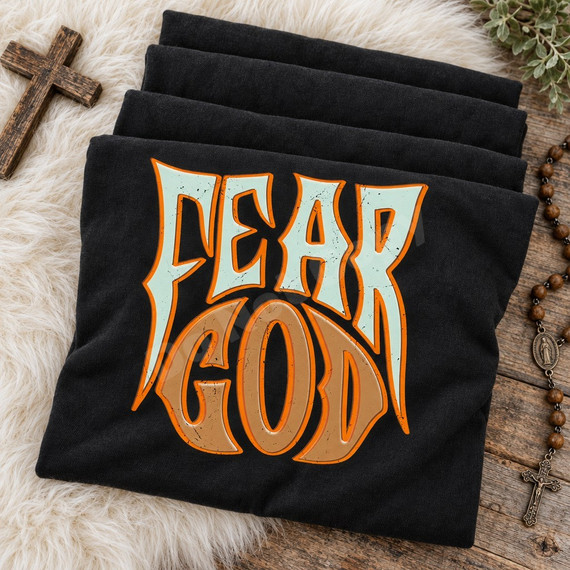 Fear God DTF transfer in bold gothic-western lettering with cracked texture, mint and tan colors, and heavy orange outlines on a black shirt Shown on a Black t-shirt.