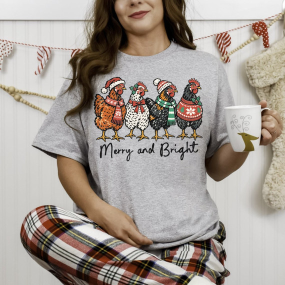 Merry and Bright DTF transfer with four chickens wearing Christmas sweaters, scarves, and Santa hats