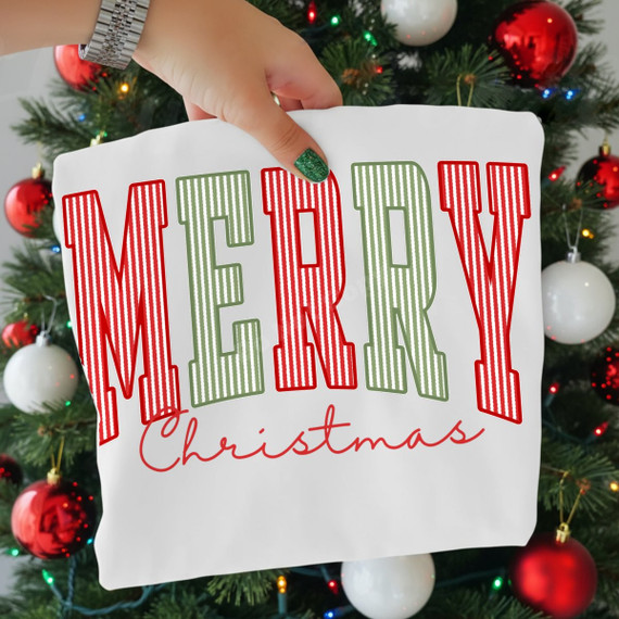 Merry Christmas DTF transfer with red and green candy-stripe block letters and red script lettering