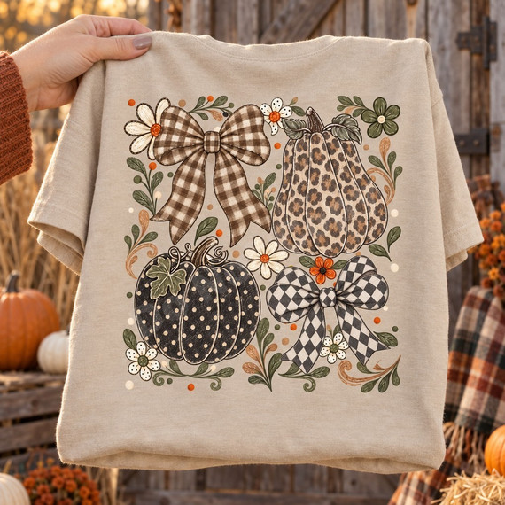 Cottagecore fall DTF transfer with a leopard-print pumpkin, black polka-dot pumpkin, plaid and checkered bows, and daisy florals Shown on a Sandstone t-shirt.