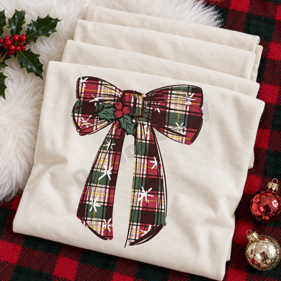 Large hand-painted red, green, and cream plaid bow DTF transfer with white snowflake sparkle accents and a holly berry cluster at the center knot Shown on a Ivory t-shirt.